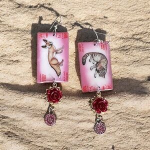 Vintage stamps 1999 Oman fennec fox sand cat up cycled earrings metal rose charm